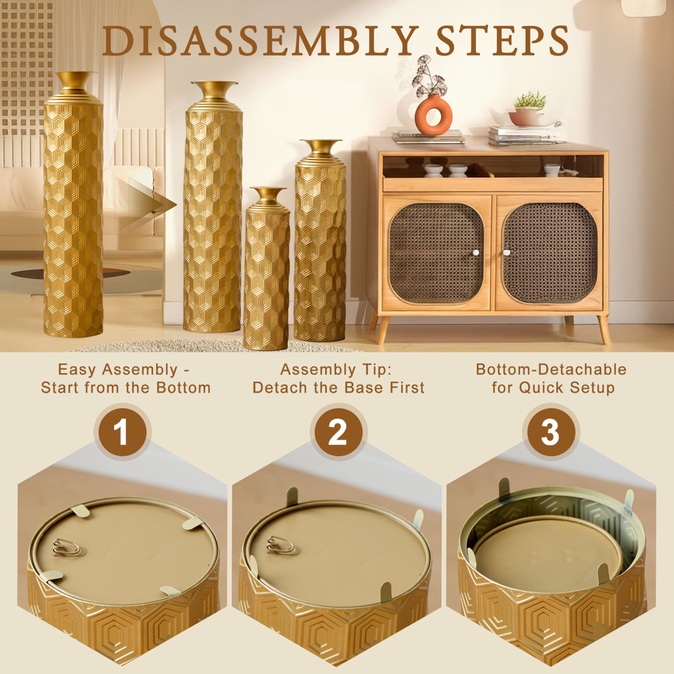 Noble House 3-Piece Gold Metal Floor Vase Set, 33.46", 25.59", 19.69" Hexagon Textured Decorative Vases