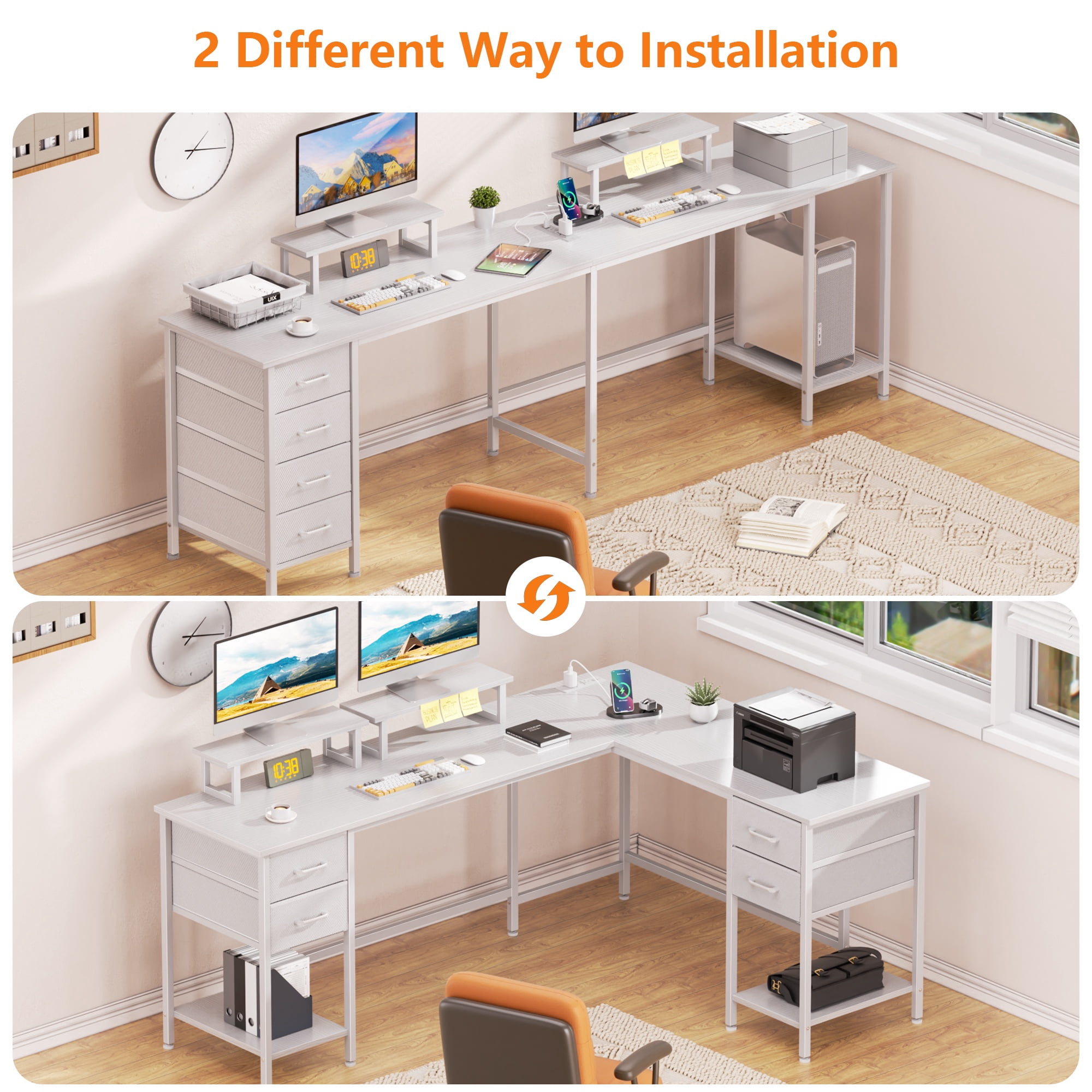 Satifur 66" L-Shaped Desk with Power Outlets, 4 Fabric Drawers & 2 Monitor Stands, Convertible Two Person Home Office Desk,White