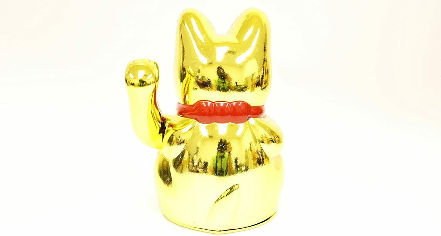 Lucky Cat Maneki Neko Battery Powered Gold Beckoning Fortune Office Home Decor. F15538