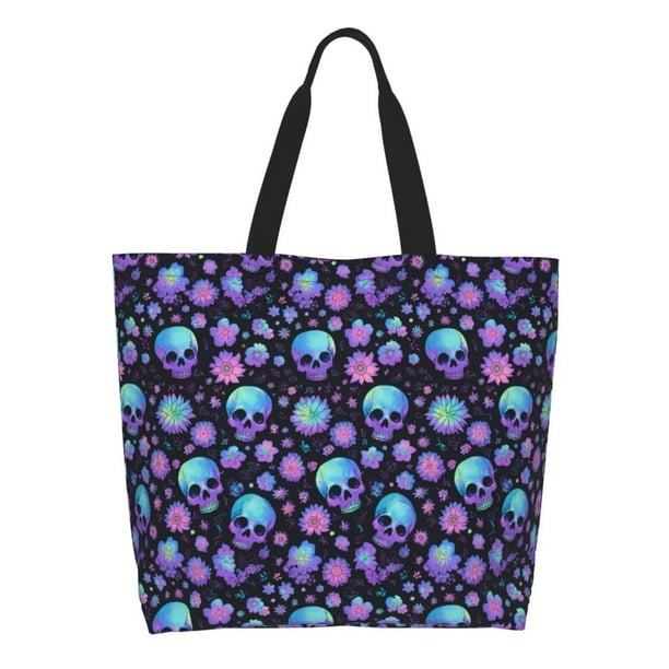 Fotbe purple Skull flower Bolsa Tote Estética de Lona con Estampado para Mujer - Bolsa Reutilizable de Hombro Casual para Vacaciones, Compras, Trabajo y Gimnasio