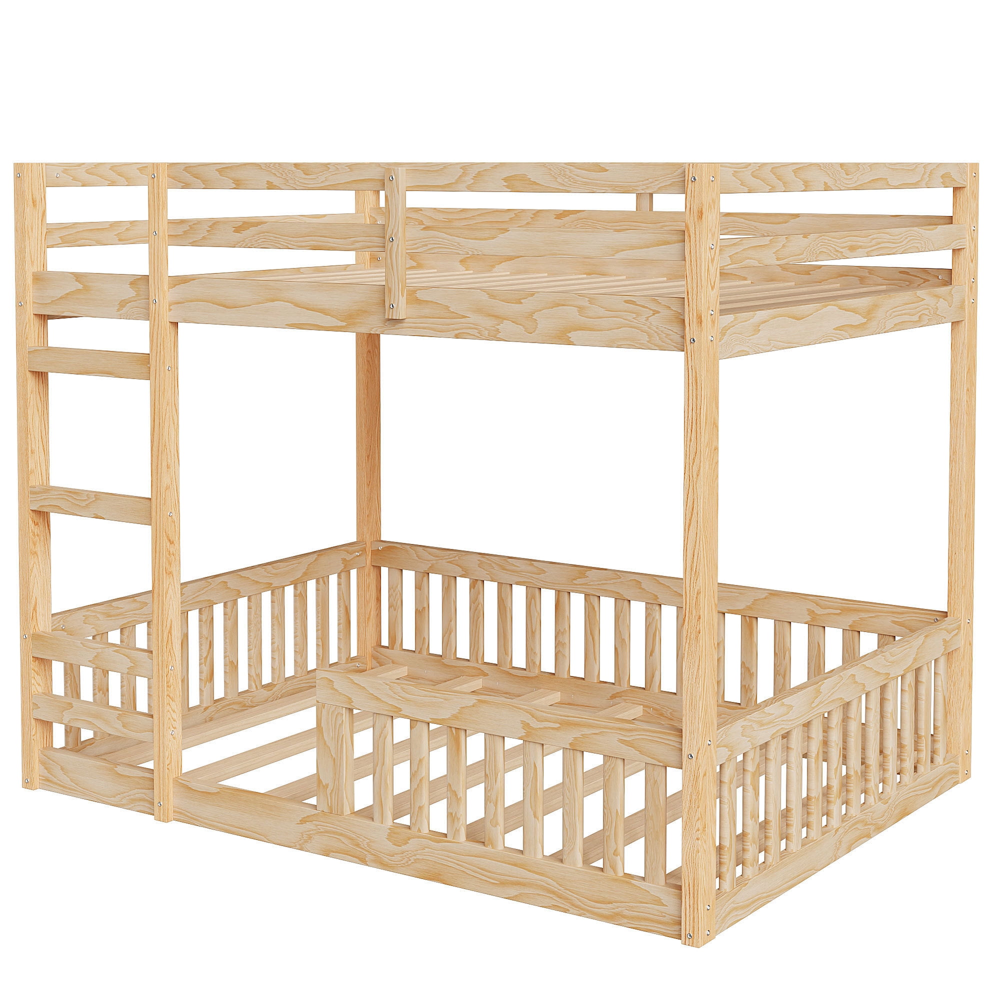 Full Over Full Size Wooden Bunk Bed with Ladder and Guardrails, Low Floor Bunk Beds w/ Slats Support,Space-Saving Multifunction Furniture for Apartment,Bedroom
