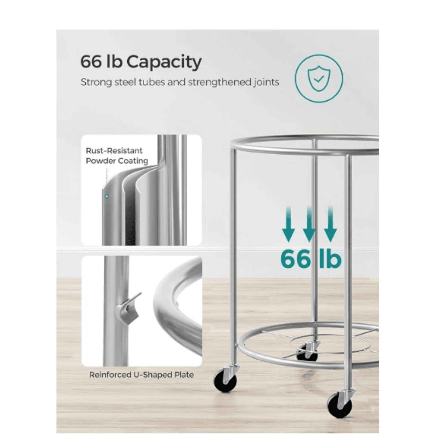Laundry Basket with Wheels, Rolling Laundry Hamper, 45 Gal., Roun Laundry Cart with Steel Frame an e vable Bag, 4 Casters an 2 Brakes, Cream an Silver URLS01MZ