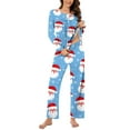 thumbnail image 3 of qolati Christmas Pajamas for Women Set 2 Piece Lounge Outfits Cute Santa Claus Print Long Sleeve Half Button Henley Pleated Sleepwear Long Pant Pjs Sets Light Blue XXXL, 3 of 5