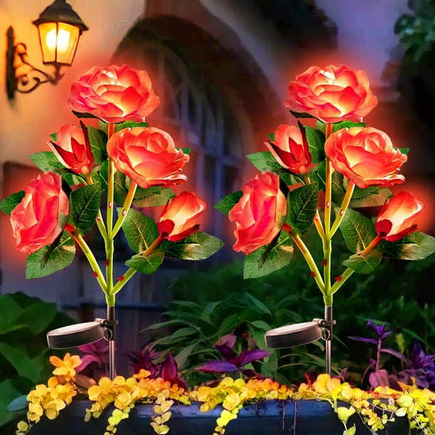 Luces solares para jardín Anordsem, 10 LED, rosas, impermeables, paquete de 2