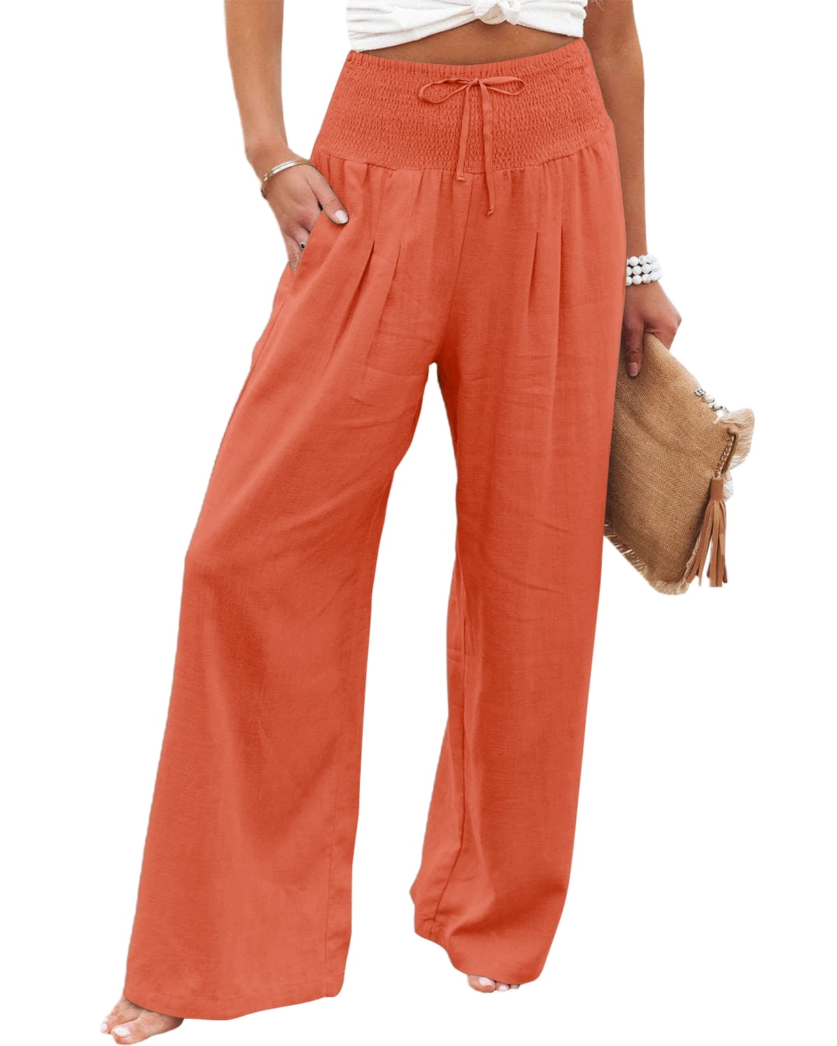 Mumubreal Women's Wide Leg Linen Pants Drawstring High Waist Palazzo
