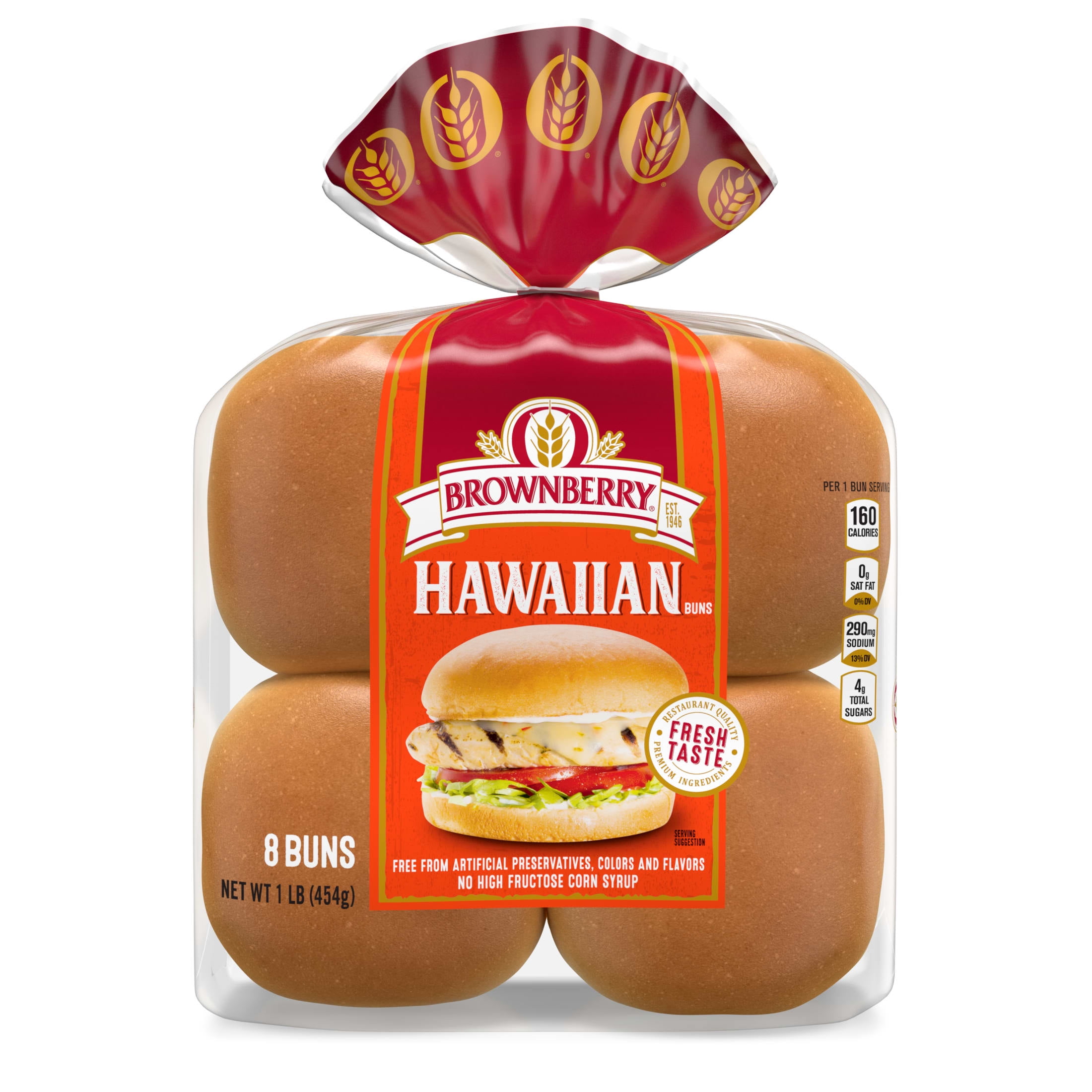 Brownberry Hawaiian Buns, 8 count, Sweet Hamburger Buns, 16 oz Bag