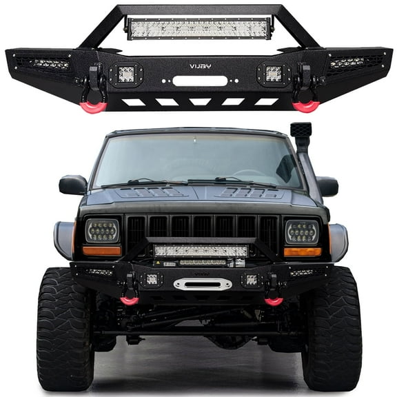 Vijay Compatible with 1984-2001 Jeep Cherokee XJ Front Bumper Textured Black Steel with Light and D-ring