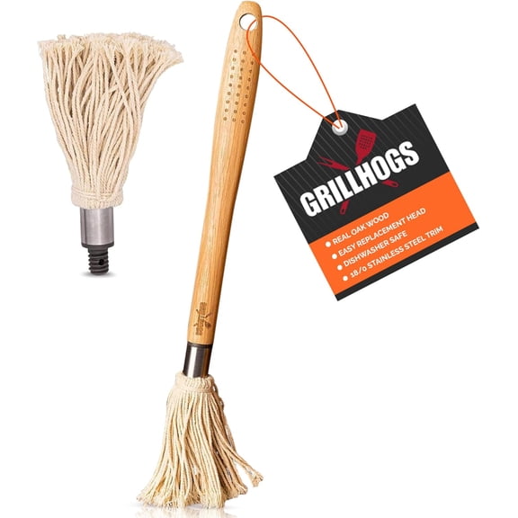 18" Basting Mop - BBQ Mop Brushes for Sauce, Extra-Absorbent Double Head, Ergonomic Durable Natural Oak Handle, BBQ Grill Brush & Sauce Brush