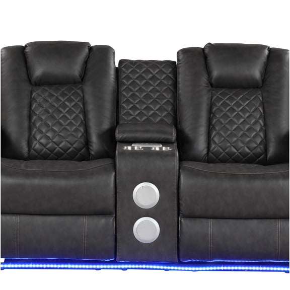 JERFIT Modern Power Reclining Loveseat with LED Lights, USB Charging & Bluetooth Speakers, Faux Leather Sofa for Living Room, Grey