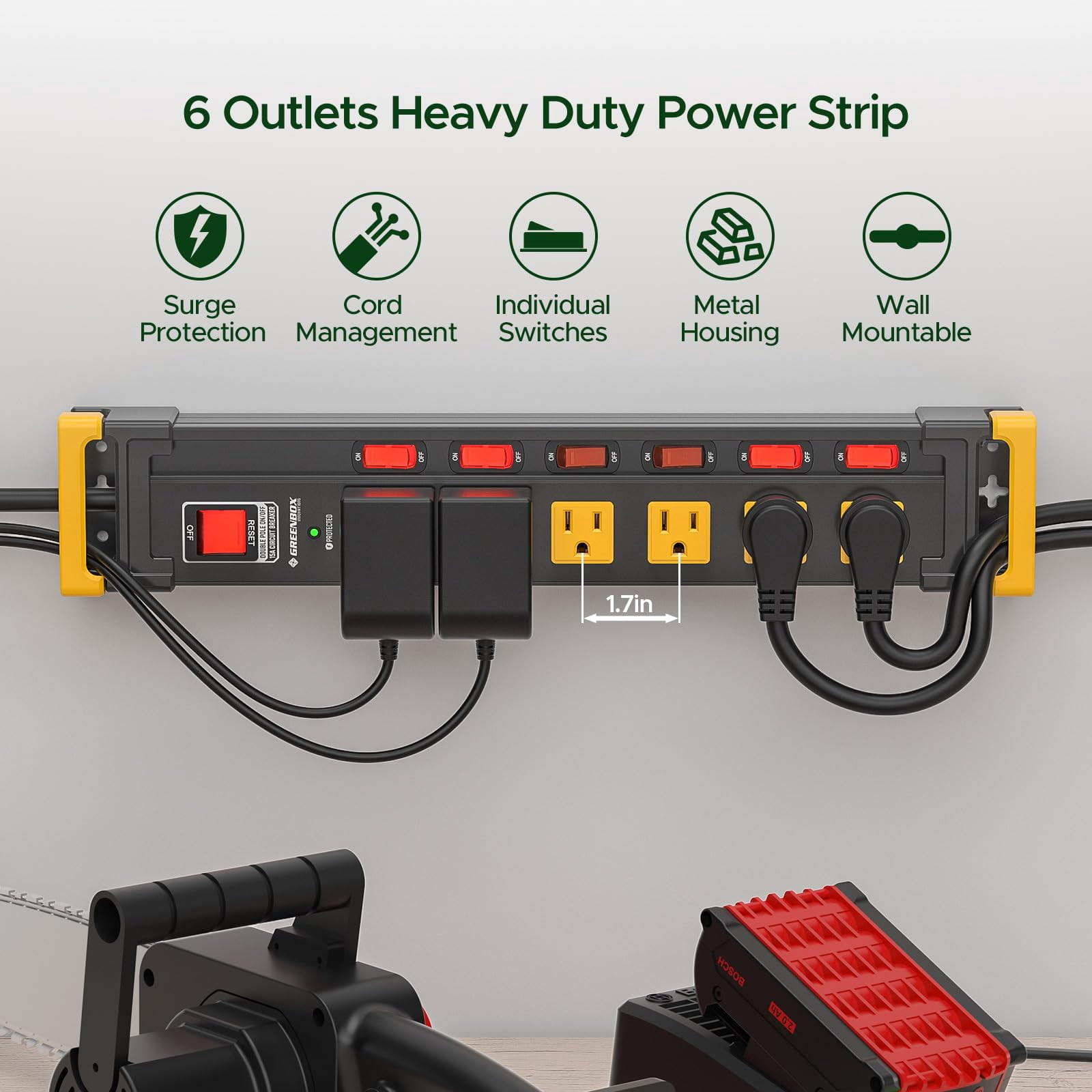 6 Outlet Heavy Duty 3300J Surge Protector Power Strip with Individual Switches, Metal Mountable Power Strip with Flat Plug, Cord Manage, Wall Mount, 6F Cord, Wide Spaced, ETL Listed