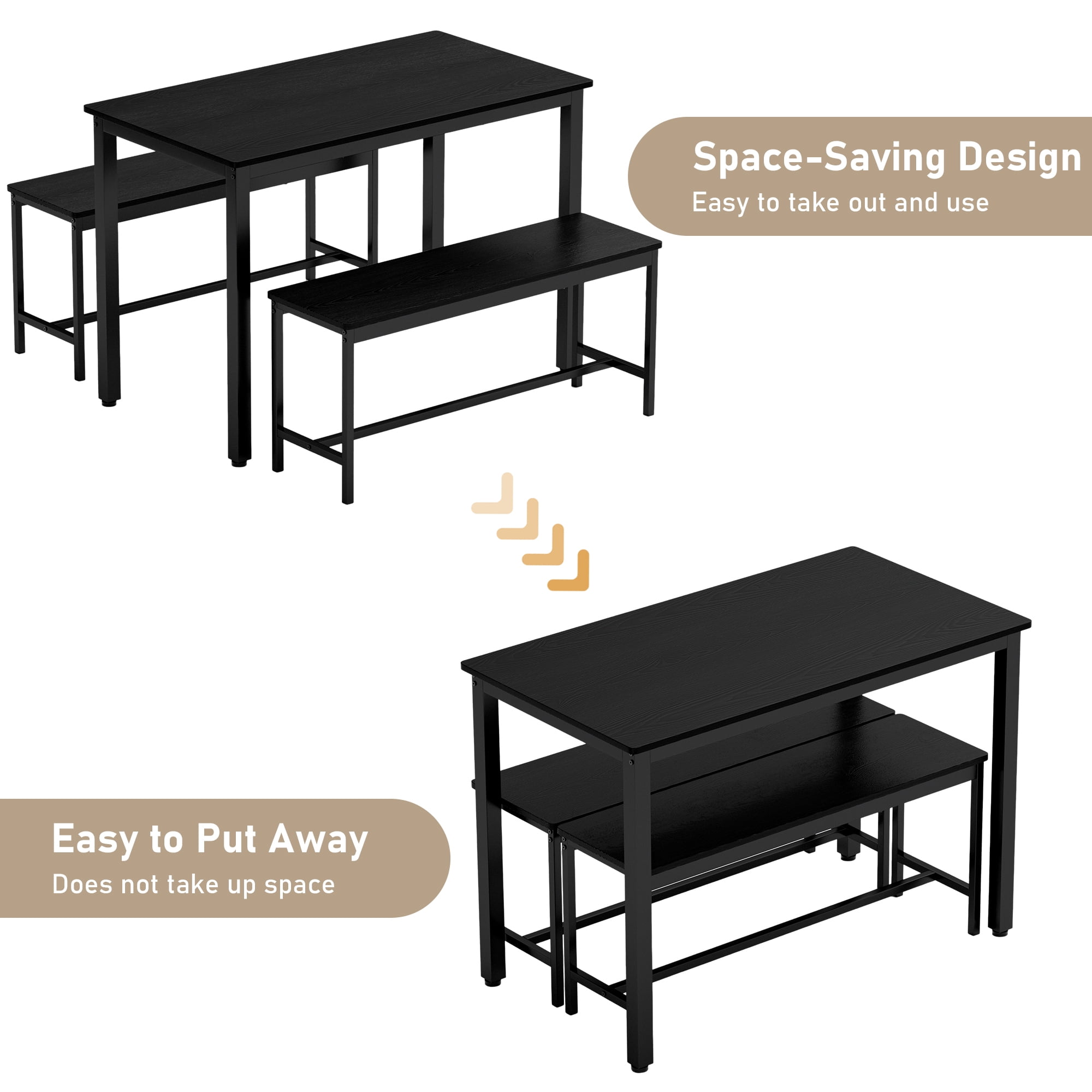 Aukfa Dining Table Set for 4, Rectangular Kitchen Table W/ 2 Benches for Small Space,Black