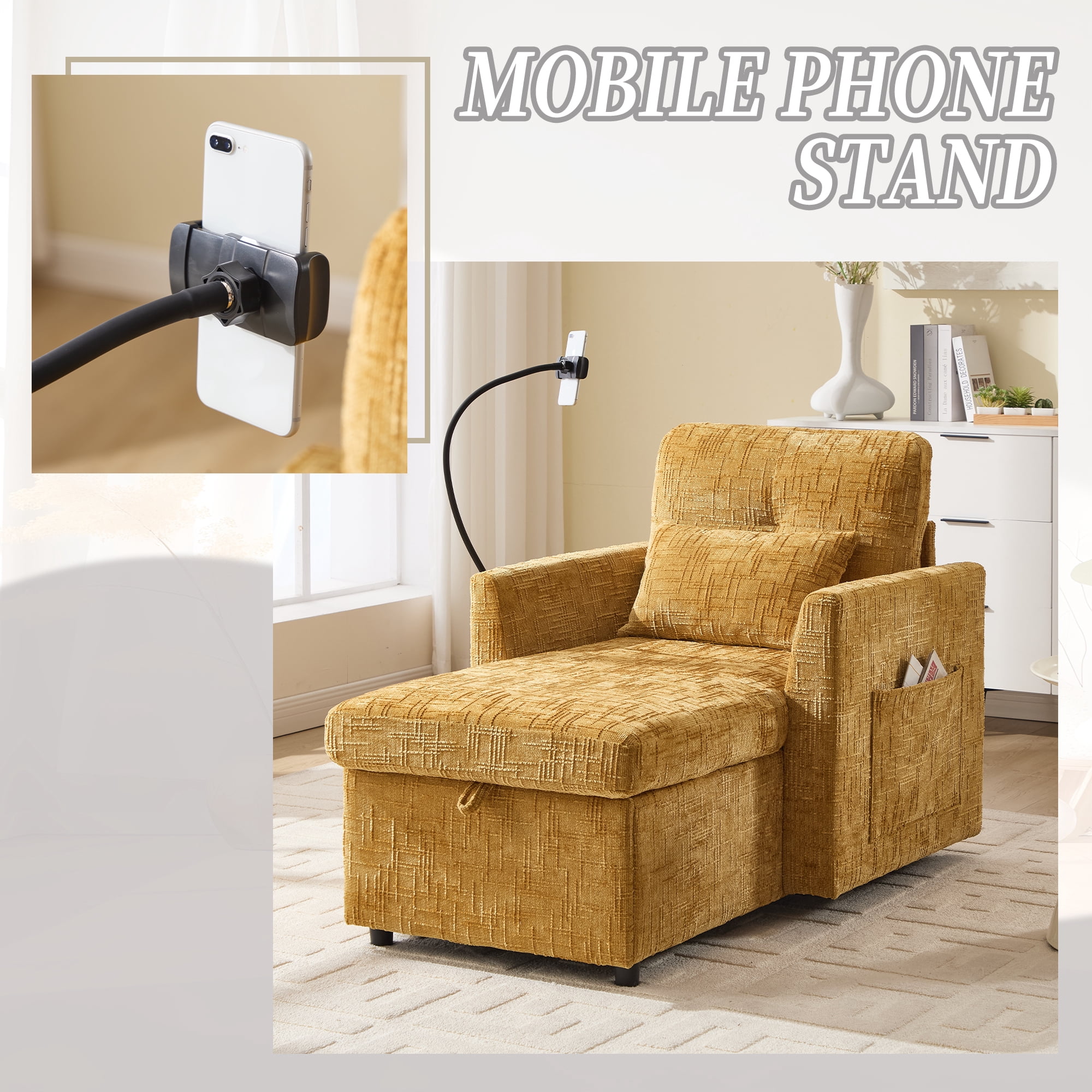 EPOWP Multifunctional lazy person sofa recliner can be stored storage backrest with cell phone bracket chenille single leisure chair for living room bedroom small household
