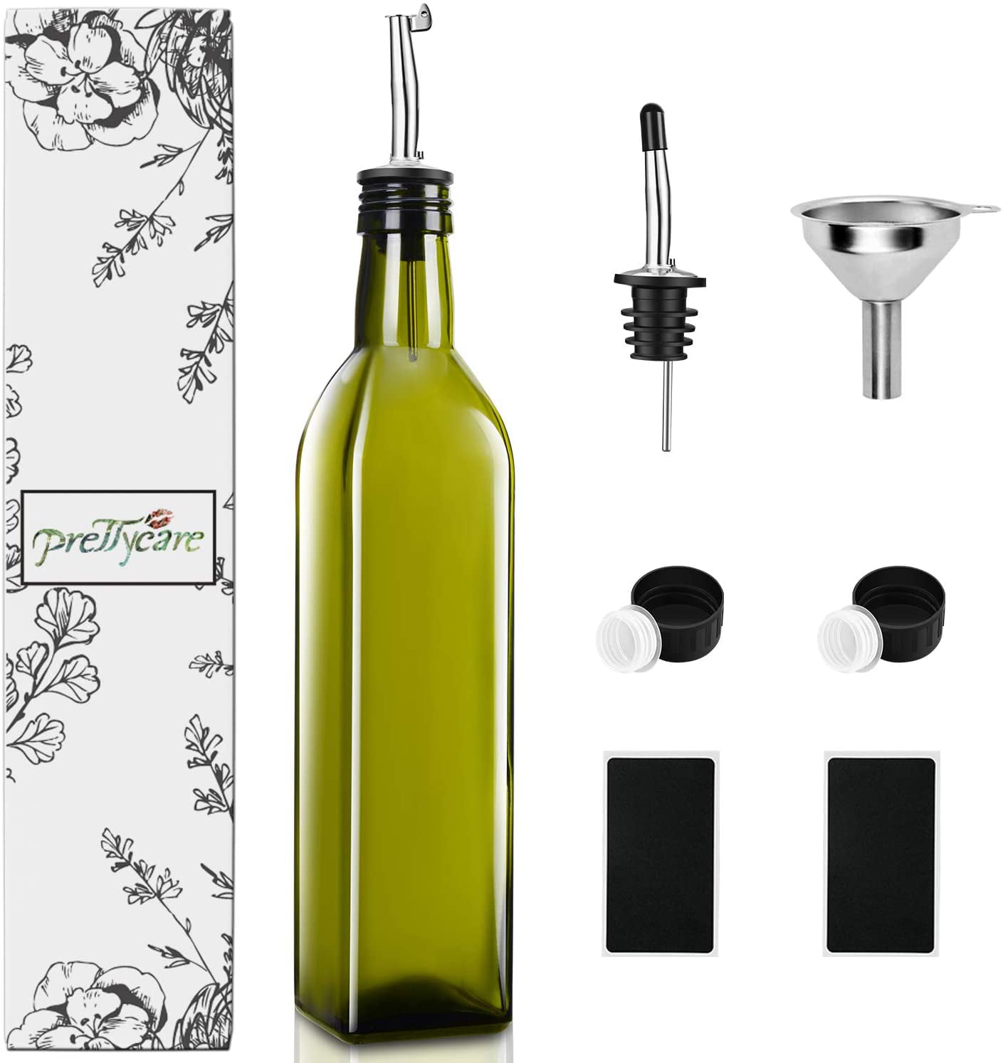 Dark Green Flip Top Pourer Set PrettyCare Olive Oil and Vinegar Dispenser Bottles 17oz Dark Cruet with Extra Lids, Labels and Funnel 500ml Drip-Free Bottle with Stainless Steel Spout 