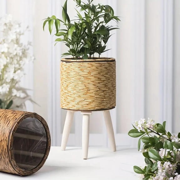 Woven Rattan Woven Plant Pot On Wooden Standing Legs, Round Floor Rattan Plant Stand Holder, Wicker Plant Basket with Stand for Living Room Balcony Home Decor Yellow