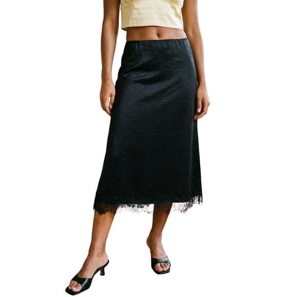 Gupgi Women Satin Midi Skirts Casual Elegant Lace Hem Long Skirt for Daily