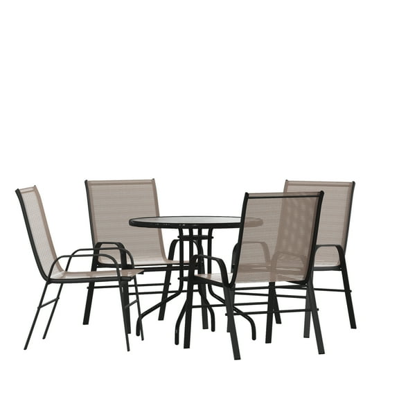 Flash Furniture Brazos Series 5-Piece Steel Glass Patio Table and Chair Set, Brown