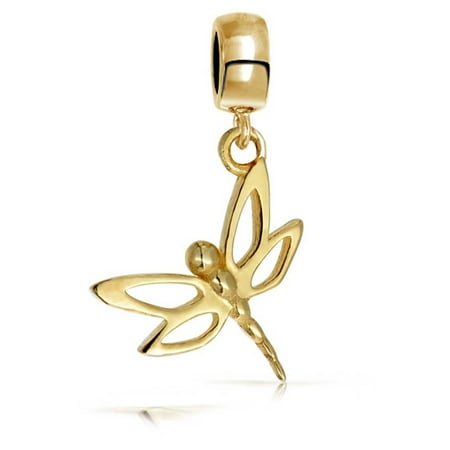 Plated Womens Charm - Dragonfly Butterfly Dangle Bead Charm For Women For Teens 14K Gold Plated 925 Sterling Silver Fits European Bracelet