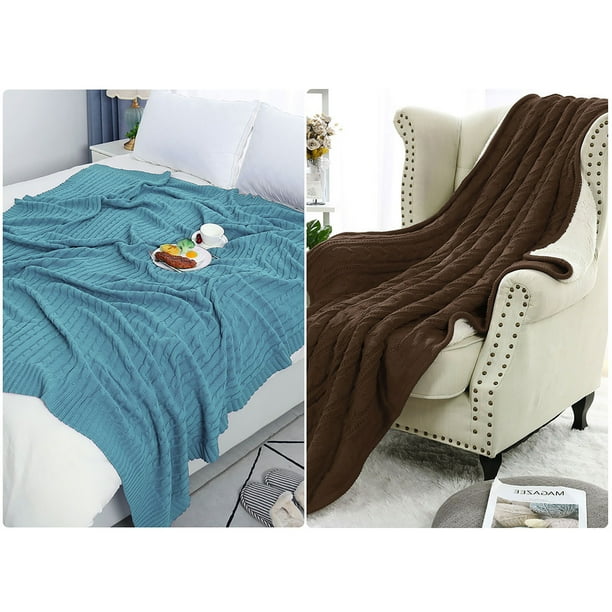 Cable Knit Sherpa Throw Blanket Sofa Home Decor 100 Cotton Knit Cotton Blanket Teal Blue Dark Brown 180 X 200 Cm Walmart Com Walmart Com