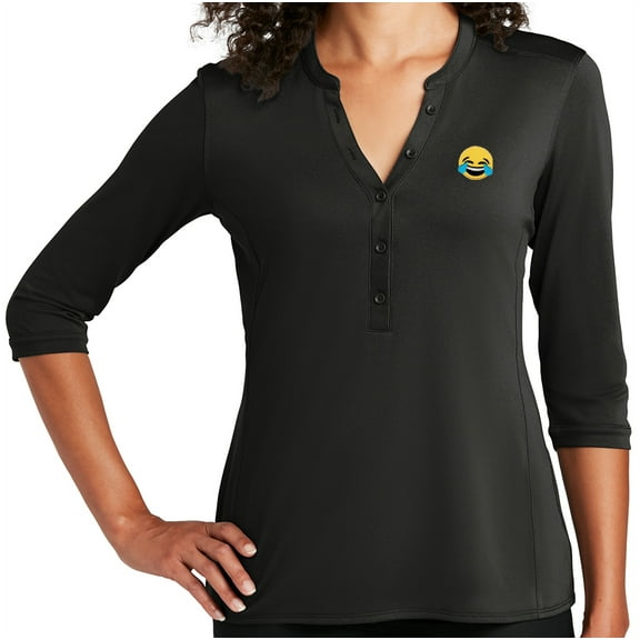Women's Laughing Tears Emoji LMFAO 5-button 3/4 Sleeve Henley Shirt, Large Black