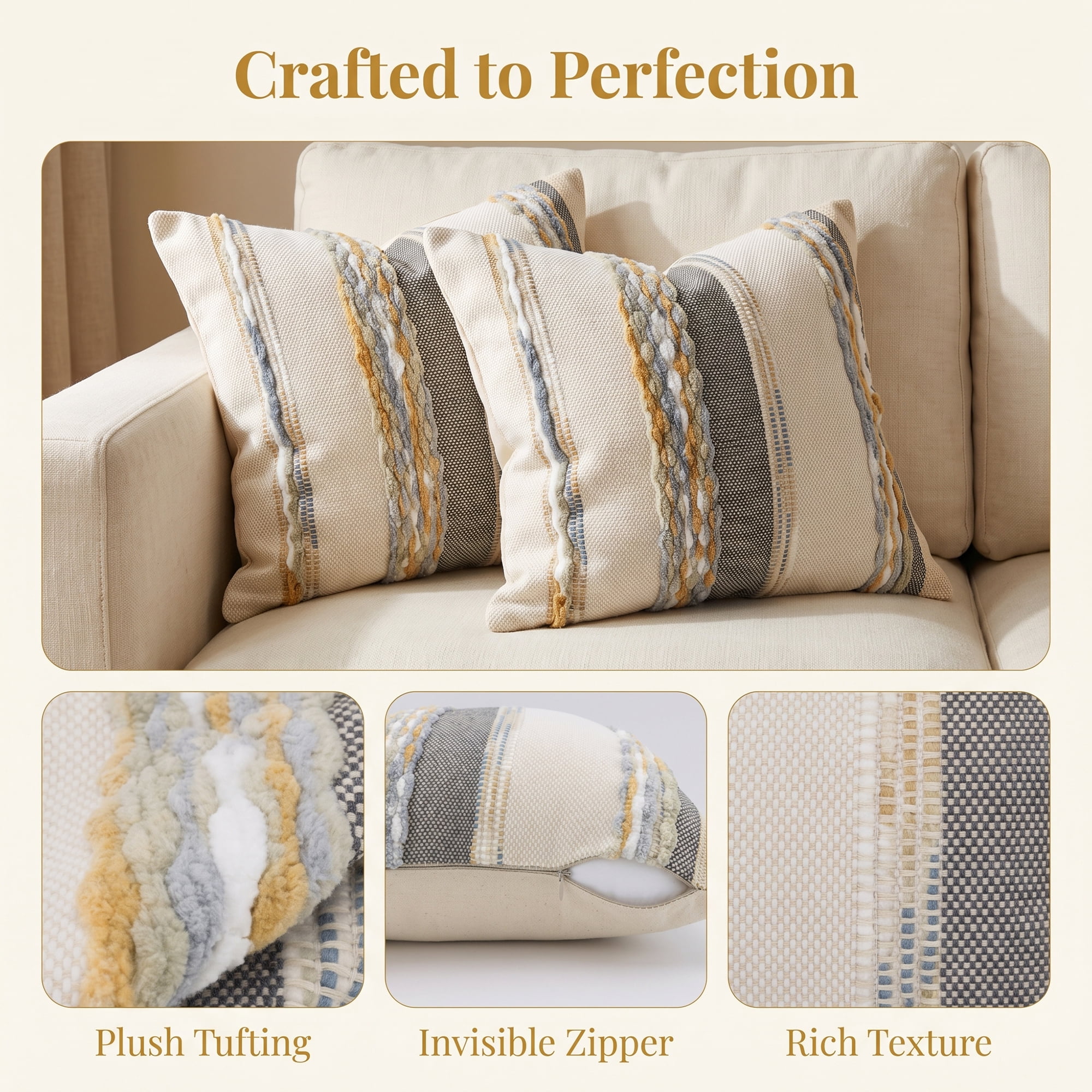 Unique Bargains 3D Chenille Tufted Throw Pillow Cover Grid Stripe Case Grey Yellow 18"x18"