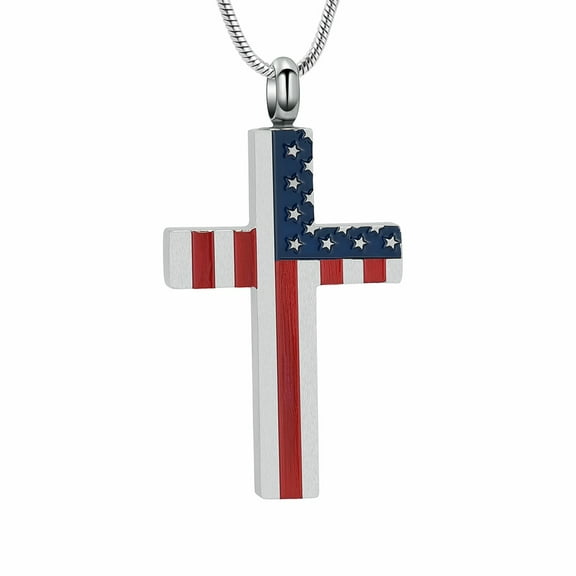American Flag Cremation Urn Necklace Cross Memorial Keepsake Ashes Pendant Women / Men Patriotic Jewelry
