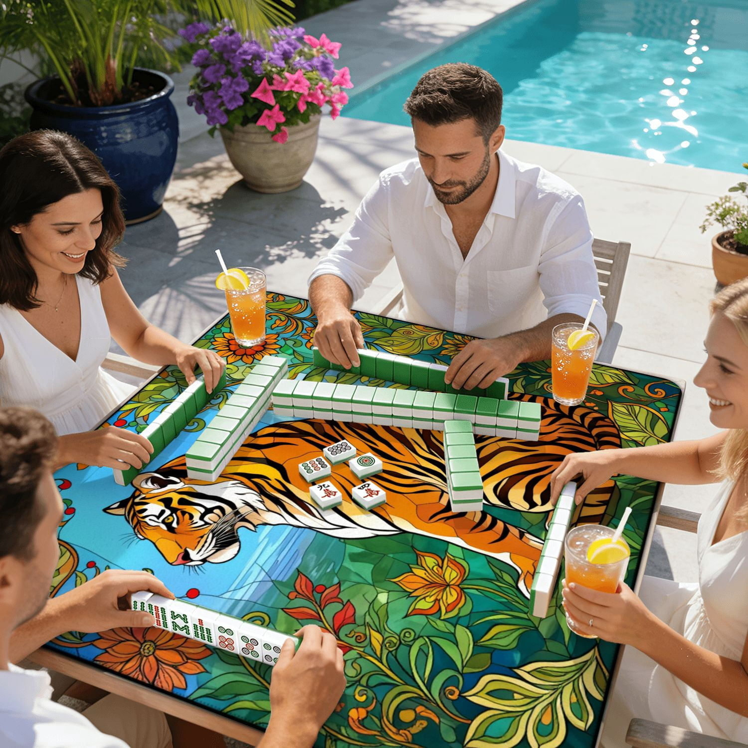 Mahjong Mat 31.5" x 31.5" Colorful Tiger Surrounded by Floral Design Vibrant Style Non-Slip Noise Reduction American Mahjong Tiles Table Cover for Dominoes Poker Card Board Games Gift