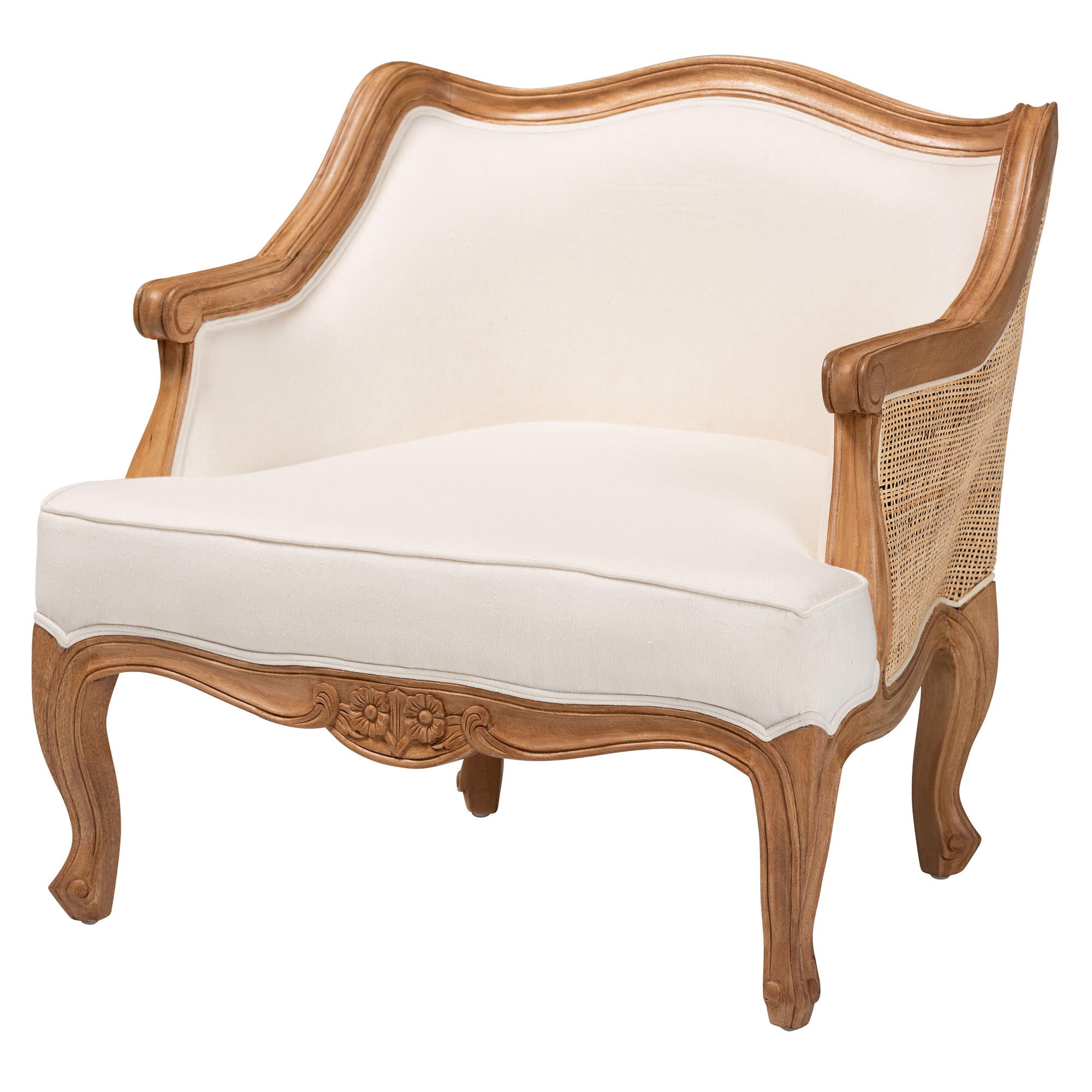 bali & pari Sylvestra Traditional Bayur Wood Fabric Armchair, Beige/Honey Oak