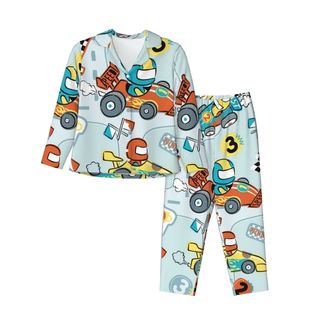 Fotbe Cartoon Car Racing Conjunto de Pijama de Manga Larga para Mujer con Estampado, Ropa de Dormir de 2 Piezas, Conjunto de Casa Suave y Cómodo con Bolsillos-XX-Large