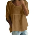 thumbnail image 3 of Feancey Summer Tops for Women Linen 3/4 Sleeve Blouse Round Neck Casual Loose Tunics Beach Vacation Pullover Tees Brown XL, 3 of 7