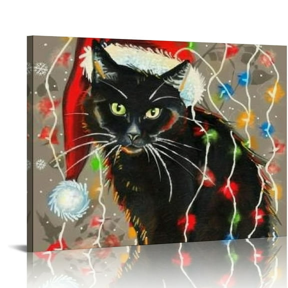 Orinice  Black Cat With Christmas Lights Sitting Vintage Poster Decorative Painting Canvas Aesthetic Wall Art Living Room Bedroom Picture Artwork Unframed 20''X16'' 20x16in