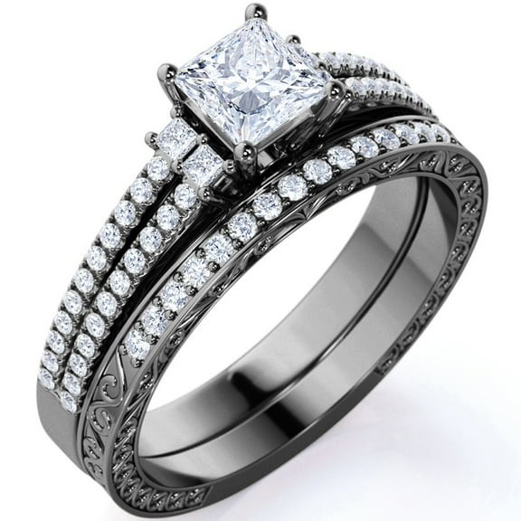 JeenMata Stunning 1.75 ct - Princess Cut Moissanite - Pave - Vintage - Double Band Gothic Engagement Ring - Bridal Set - 18K Black Gold over Silver