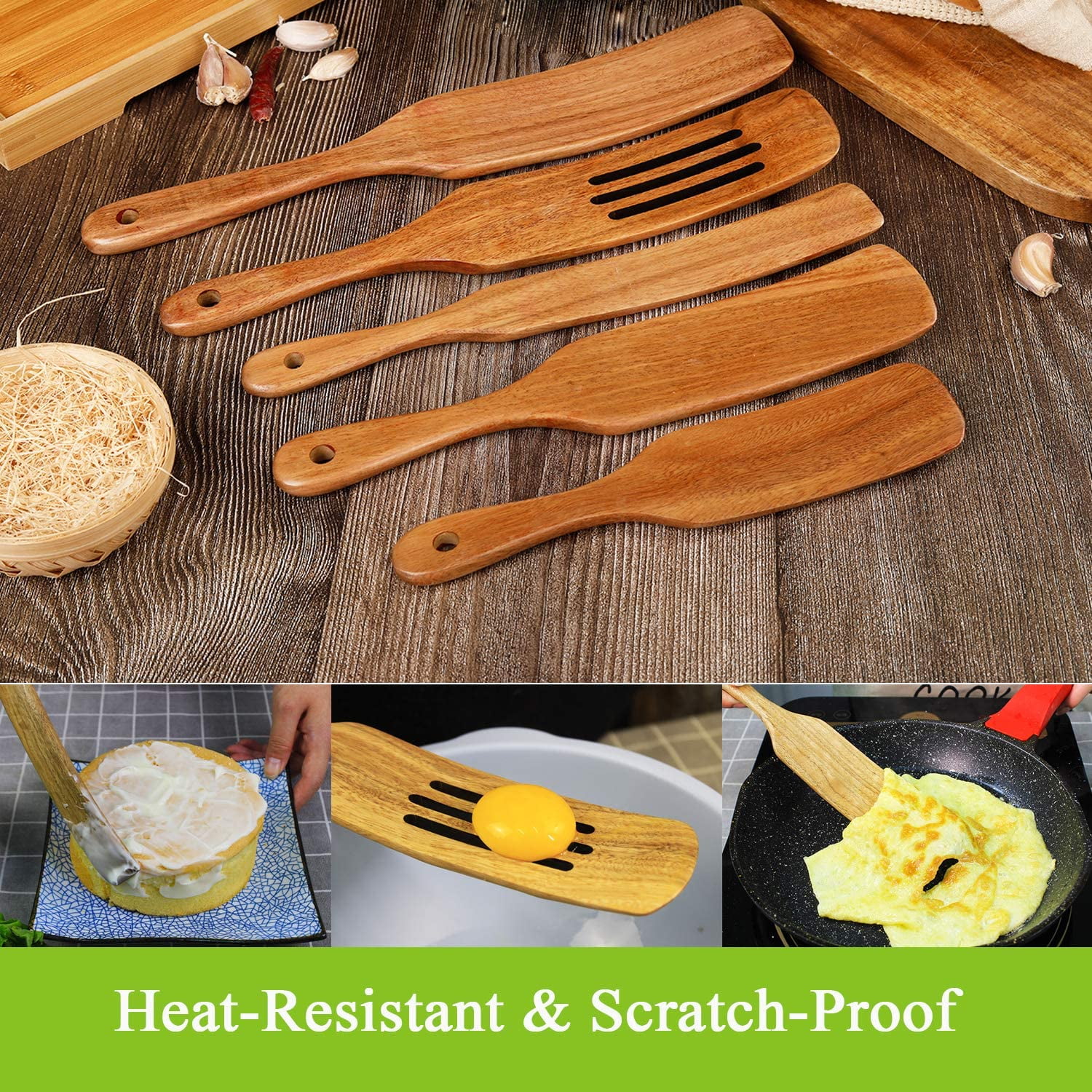Serving 4 Pack Enkrio Natural Acacia Wooden Spoons for Cooking Spurtle Set Scrapping Heat Resistance Non-Stick Mixing Scooping Handmade Spurtles Kitchen Tools As Seen On TV for Stirring 