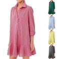 thumbnail image 7 of Lovskoo Women's Tunic Shirt Mini Dress Long Sleeve Cotton Linen Short Dress Button Down Ruffle Hem Shift Dresses Hot Pink, 7 of 7