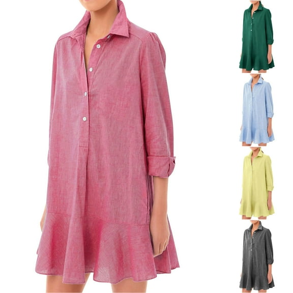 ZZwxWA Women Button Down Dress Casual 3/4 Puff Sleeve Cotton Linen Dress Flowy Ruffle Hem Tunic Shirt Dresses Womens Summer Mini Sundress