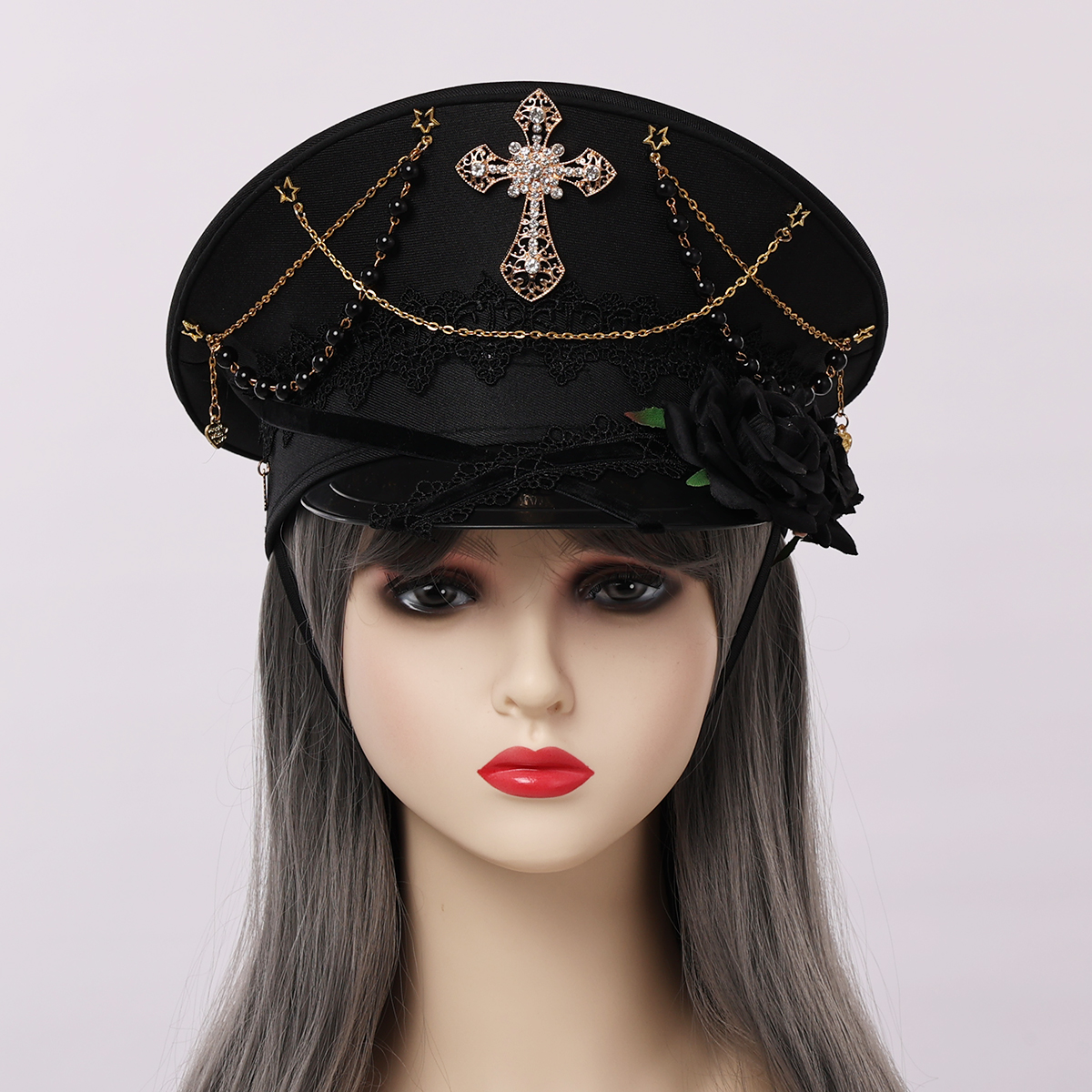 GRACEART Women Steampunk Sequins Hat with Goggles Military Hat Officer
