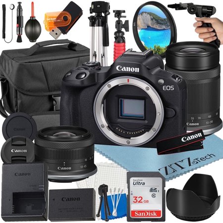 Canon EOS R50 Mirrorless Camera with RF-S 18-45mm + 55-210mm Lens + 32GB SanDisk Card + Case + Tripod + ZeeTech Accessory