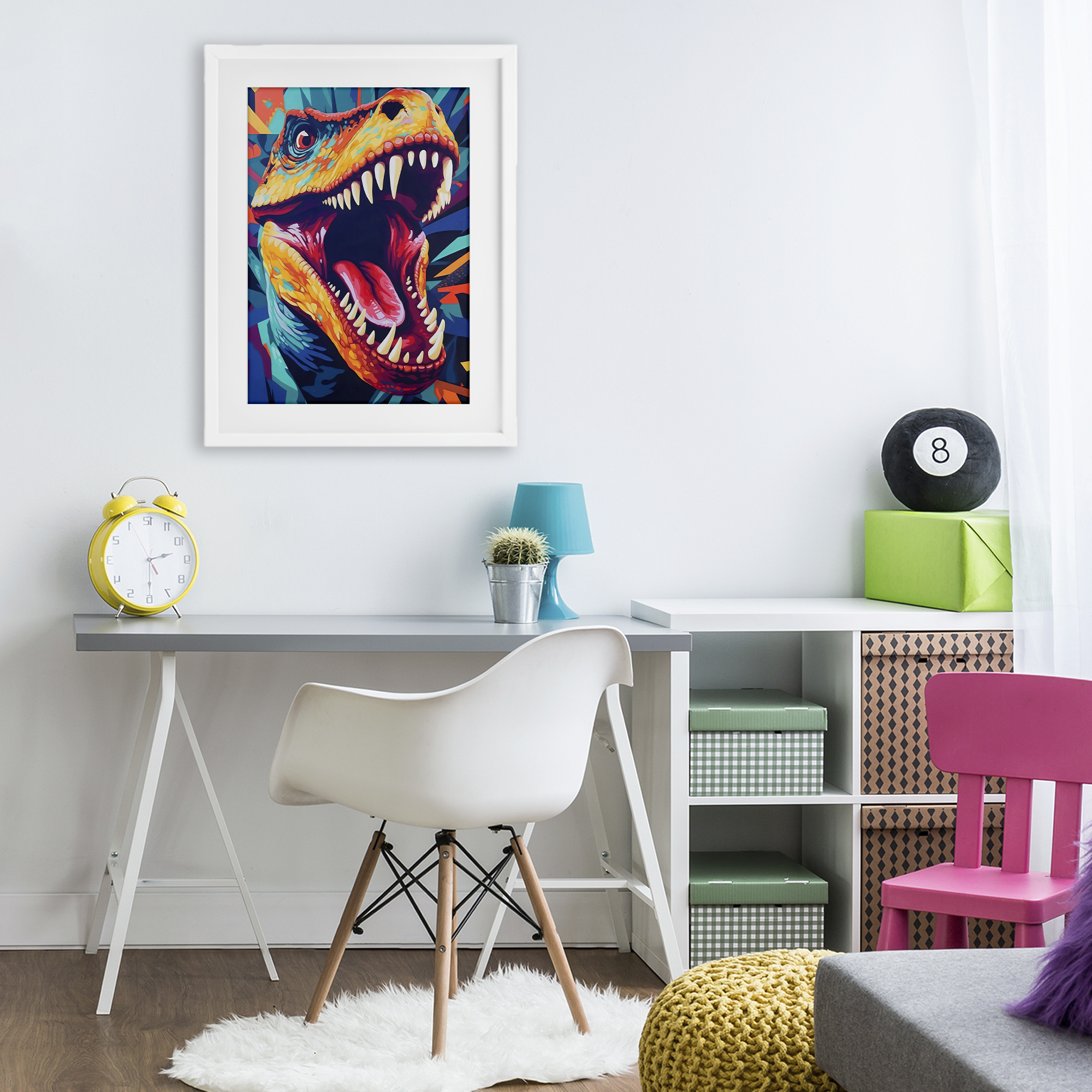 Stupell Industries Pop Style Raptor Dino White Framed Print Under Glass, design by Creative Studio