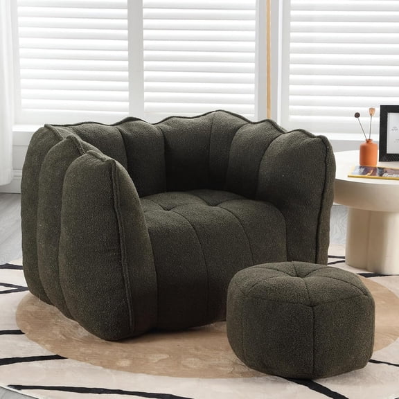 LQLI Modern Comfy Boneless Chair with Ottoman, Soft Chenille Fabric Single Sofa Chair for Living Room Bedroom, Cozy Reading Chair for Adults, Oversized Bean Bag Chair with Footrest