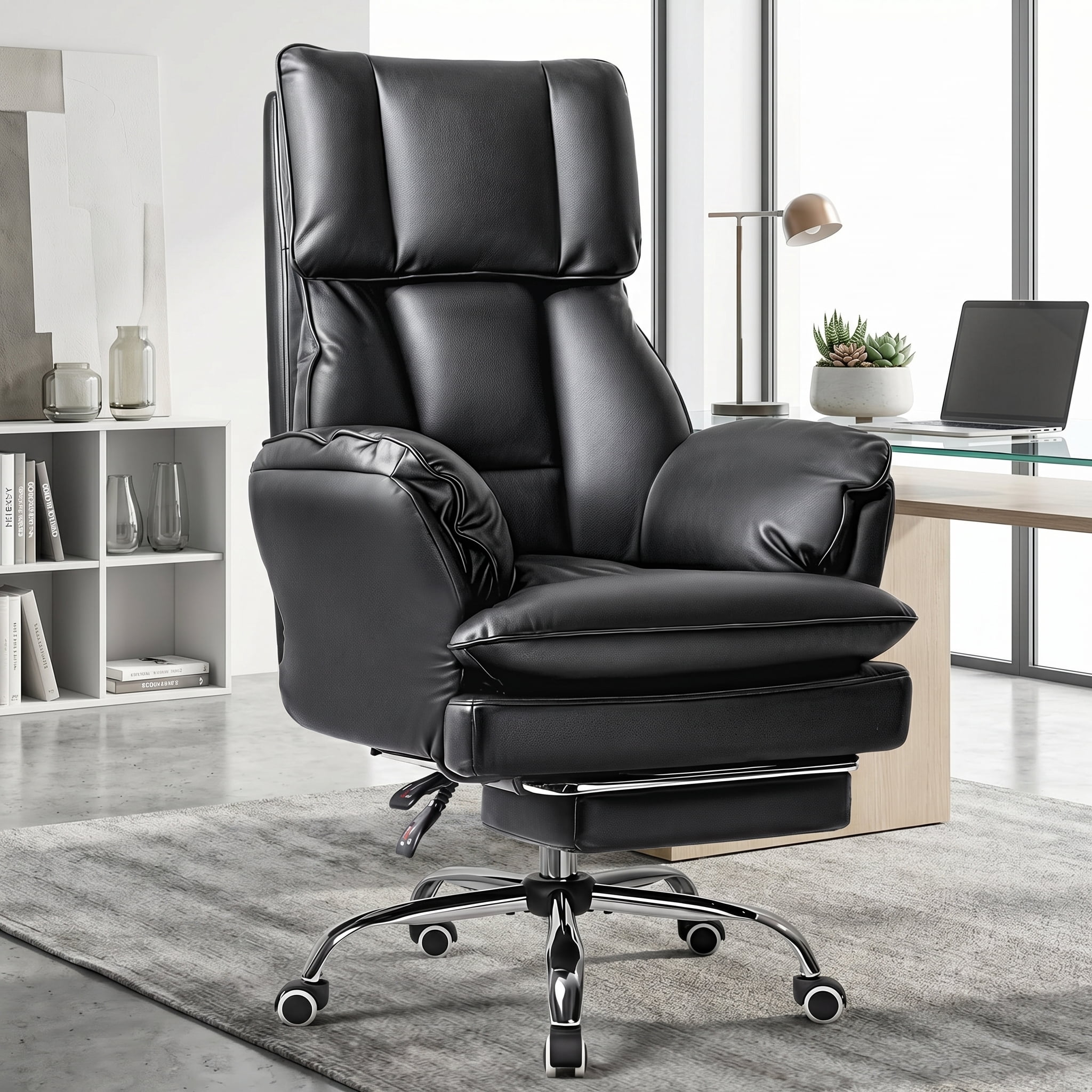 Waleaf 400lbs Executive Office Chair with Footrest, Ergonomic Leather Desk Chair with 180° Flip Armrests for Cross-Legged Sitting & 135° Reclining Back