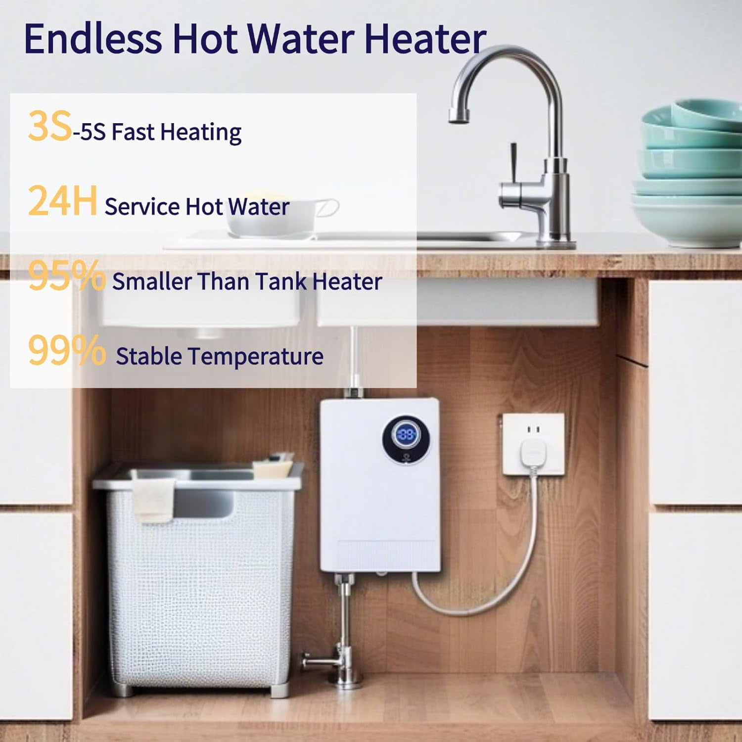 Electric Tankless Water Heater 3000W 110V Instant Hot On Demand Residential Electric Water Heater with Digital Display for Kitchen Whole House Shower Sink Small