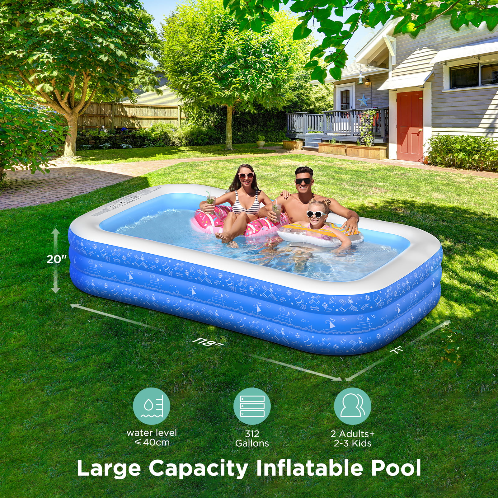 Family Full-Sized Pool ， Family Inflatable Swimming Pool Thick Lounge Pool Summer Water Party Supply for Baby Kids Adult for Outdoor Garden Backyard 