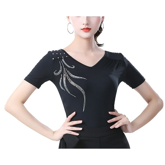 V Neck Ruched Shoulder Rhinestone Latin Ballroom Dance Training Performance Clothes Tops
