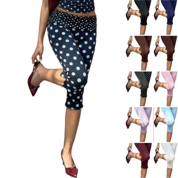 Evdexr Womens Capri Leggings Low Rise Yoga Knee Length Slacks Polka Dots Cropped Casual Pants Trendy Lounge Comfortable Trousers with Pockets Dark Blue XL