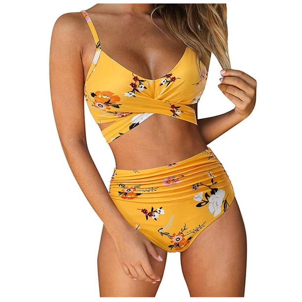 Traje de baño de dos piezas para mujer/adolescente, con cuello halter fruncido, bikini de cintura alta, traje de baño con espalda ajustable y teñido anudado.