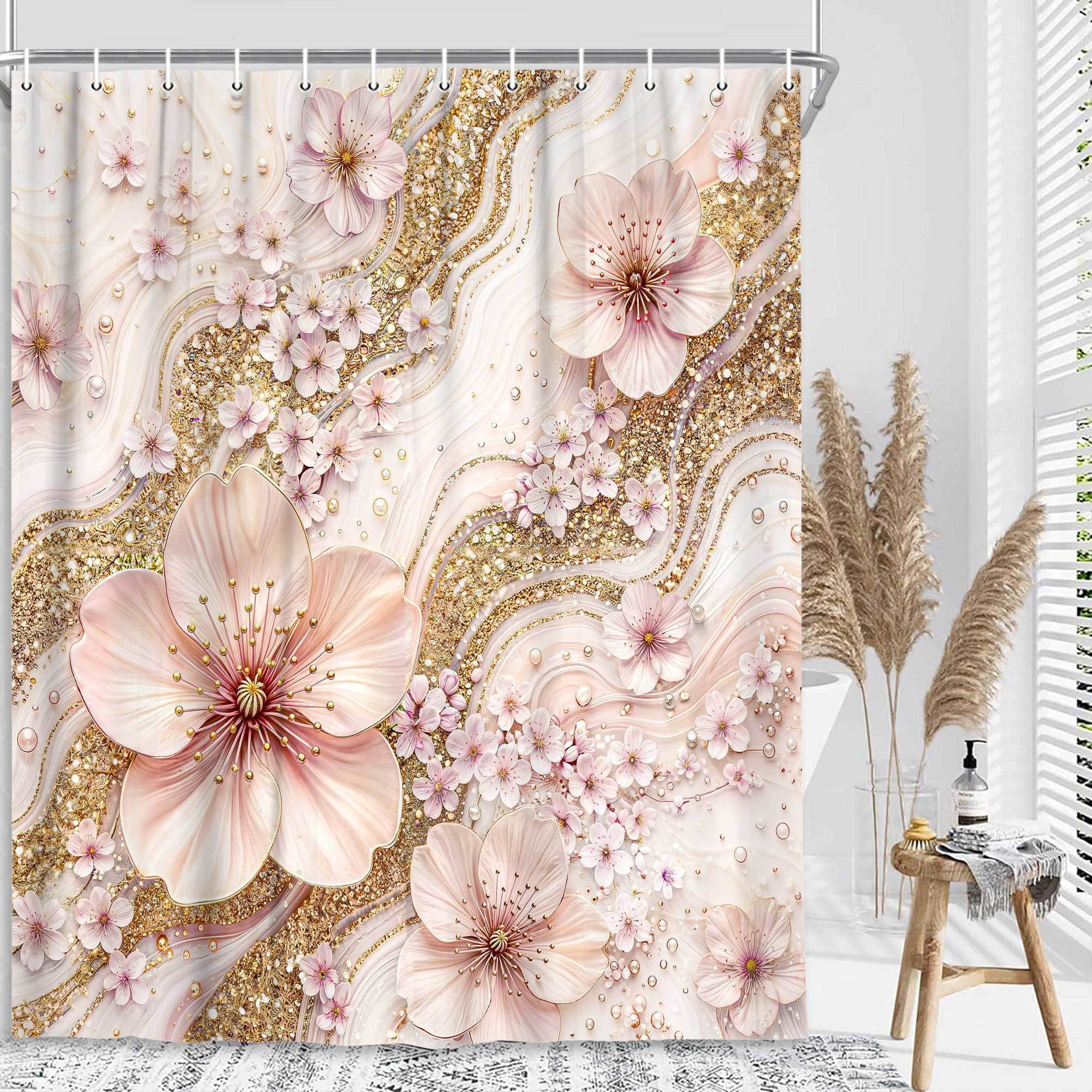 Pink Cherry Blossom Marble Shower Curtain, Luxury Gold Glitter Floral Bathroom Decor, Modern Abstract Minimalist Bath Curtain, Waterproof Polyester Fabric with Hooks,60X70in