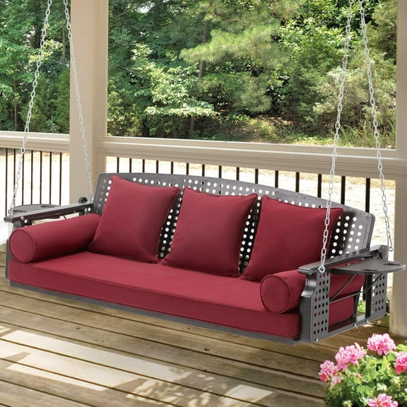 3 Seat Porch Swing, Patio Swing Bench with Cup Holders & 3 Back Cushions, Swing Chair with Chains for Deck Garden Backyard,Red