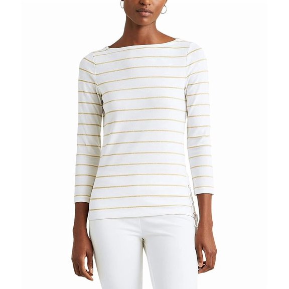 LAUREN Ralph Lauren Metallic Striped Cotton White/Gold Top L