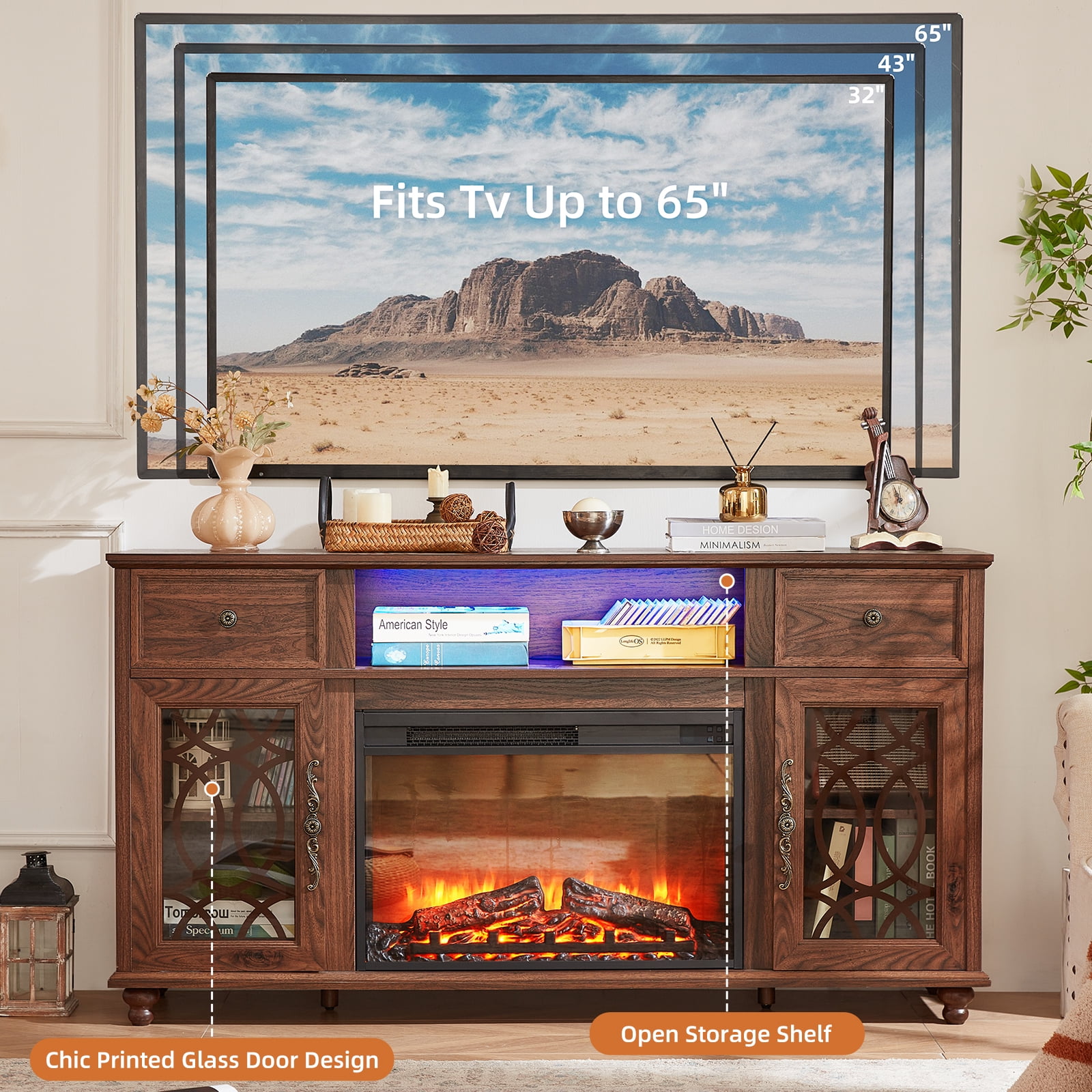 59 inch Fireplace TV Stand with 26.1" Electric Fireplace, High Gloss Entertainment Center for TVs up to 65 inch with LED Lights & Storage Cabinets, Brown