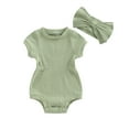 thumbnail image 2 of VOLTEY Infant Baby Girls 2PCS Summer Romper Outfit ,Toddler Girls Solid Color Short Sleeve Romper with Bow Headband Clothes Set ,0-18 Months, 2 of 10