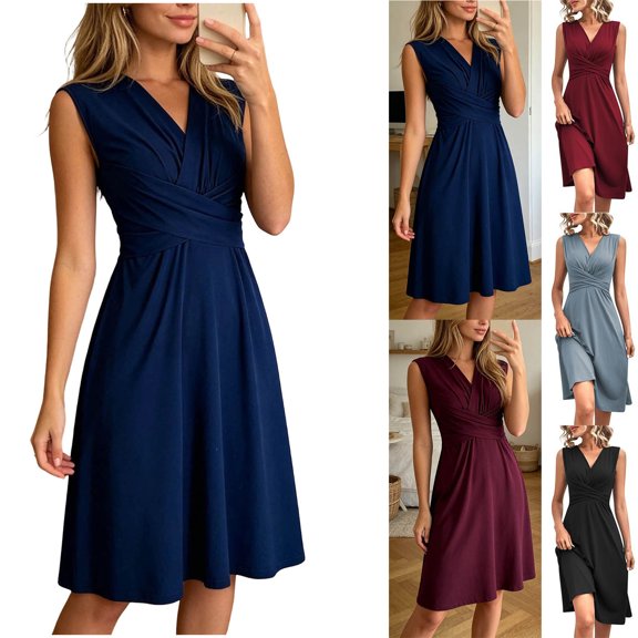 Dvprdro Womens Solid V Neck Sleeveless Wrap Front Back Zipper Shirred Waist Loose A Line Midi Dress Casual